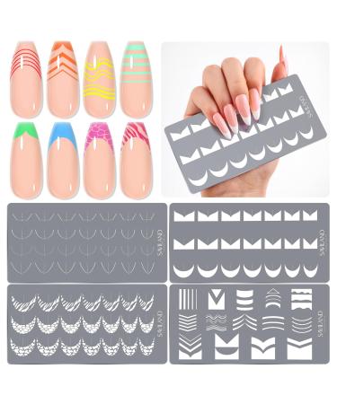 SAVILAND Nail Stamping Plates Set: 4PCS Nail Stamper Templates French Line Nail Stencils French Tip Nail Art Tools Wave Stripes Nail Designs Plates Kit Stainless Steel Reusable DIY Manicure A-Nail Stamping Plates Set