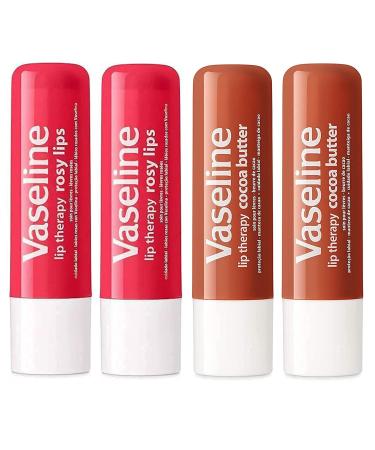 Vaseline Lip Therapy Stick, Rosy Lips and Cocoa Butter Variety Pack | Petroleum Jelly Vaseline Lip Balm | 4.8g each (4 Pack)