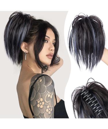 PORSMEER Claw Clip in Ponytail Hair Extensions Messy Bun Chignon Hair Piece Natural Straight Extensions for Women Girls Tousled Updo Short Ponytail Bun Ombre Blue 10 inch Blue mix black