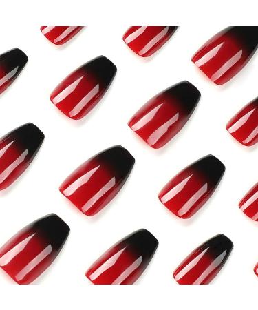 DMQ Coffin False Nails Long 24Pcs Red Black Gradient Fake Nails Ballet Press on Nail French Gradient Stick on Nails Acrylic Nail Tips with Glue for Women Girls Nails Art Black Red Gradient Coffin - Buy Online on SooperMarket.com