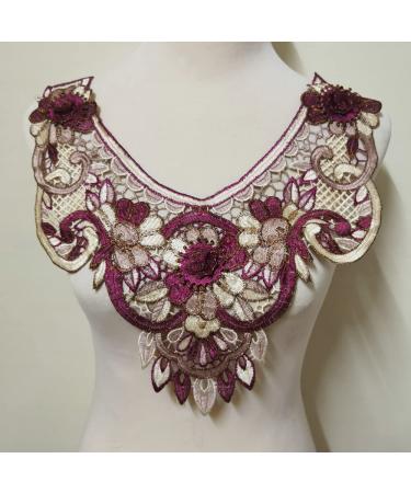 Fullcolor Embroidered Lace Neckline Collar Applique Patches Scrapbooking Embossed Sewing (Wine/Cream) Pink/Cream