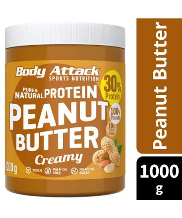 Body Attack Protein Peanut Butter 1kg - Creamy Vegan Natural Low Sugar 30% Protein No Salt & Palm Fat - Buy Online on SooperMarket.com