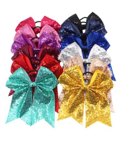 12Pcs 7.5 Glitter Sequins Pigtail Bows for Baby Girls - Sparkly Cheer Hair Bows with Elastic Hair Ties - Buy Online on SooperMarket.com