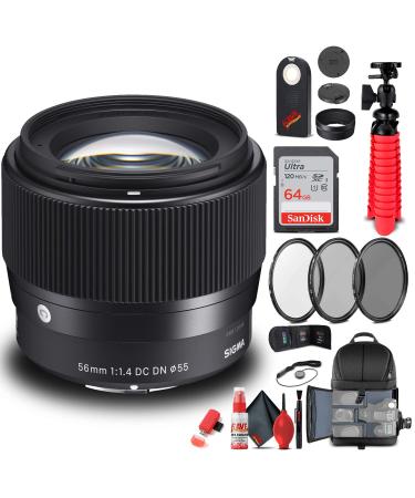 Sigma 56mm f/1.4 DC DN Contemporary Lens for Sony E (351965) Bundle + Backpack + 64GB Card + Card Reader + 3 Piece Filter Kit + Cleaning Set + Flex Tripod + Memory Wallet + IR Remote + Cap Keeper
