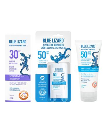 BLUE LIZARD Sensitive Skin Sunscreen Combo Pack for Face & Body SPF30 Mineral Sunscreen for Face Fragrance-Free SPF 50 Lotion for Body SPF 50 Stick 3 Count 89 ml Tube 48g Tube and 14g Stick