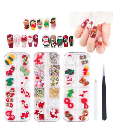 Christmas Nail Charms 3 Boxes Cute Snowman Santa Claus Xmas Tree Elk Bells 3D Christmas Nail Art Charms Flower Heart Bow Nail Rhinestones Pearls Caviar Beads Nail Studs with Tweezer & Picker Pen