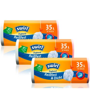 Swirl tear-resistant & leak-proof drawstring garbage bags multipack 3x 35l/15 bags white 15 pieces (pack of 3)