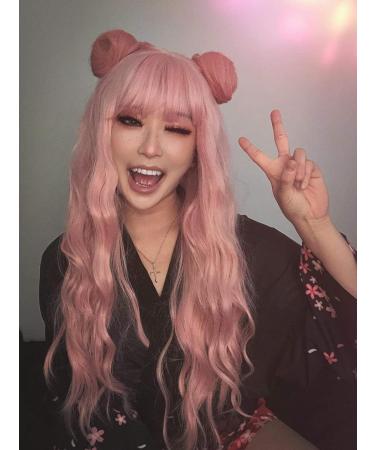 YEESHEDO 28 Inch Long Pink Synthetic Wavy Wig with Fringe for Women - Ideal for Party, Cosplay, or Daily Wear - Buy Online on SooperMarket.com