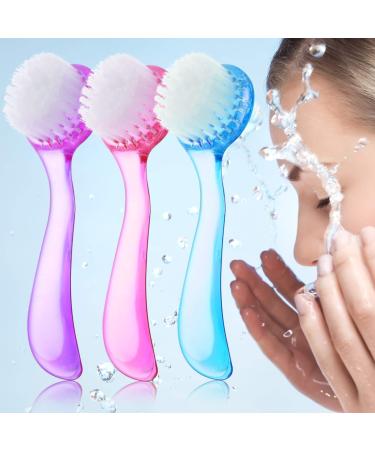 3 Pieces Facial Cleansing Brush Acrylic Handle Face Scrubbers Soft Bristle Exfoliator Cleaner Brush Scrub Exfoliating Facial Brush for Face Care Makeup Skincare Removal (Pink, Purple, Blue) Blue,white,pink,purple
