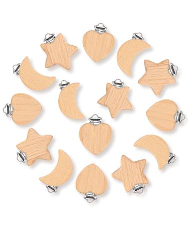 15 Pieces Wood Pacifier Clips  DIY Pacifier Clips Suspender Clips  Beech Wooden Pacifier Clip Holder for Teething Baby Toddler  Star Heart and Moon