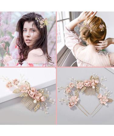 4-Piece Light Pink Gold Wedding Hair Comb Set | Rhinestone Bridal Hair Clips | Elegant Wedding Accessories - Buy Online on SooperMarket.com