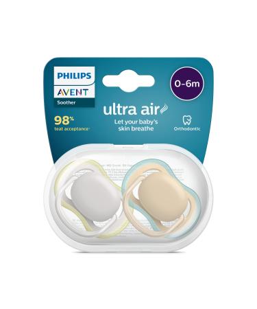 Philips Avent Ultra Air Pacifier 2 Count (Pack of 1) - BPA-Free Dummy for Babies from 0-6 Months (Model SCF085/15) Green/Brown