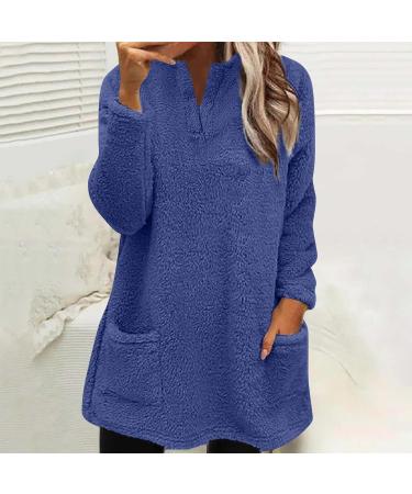 AMhomely Women's Double Fleece Hooded Jumper - Plus Size Soft Teddy Fleece Casual Hoodie with Pocket, V Neck Sweatshirt - Winter Lounge Wear - Dark Blue, Size M - Buy Online on SooperMarket.com