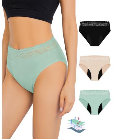 Leovqn Period Pants for Women Lace Trim Menstrual Underwear Heavy Flow Period Knickers Leakproof Postpartum Briefs M Black/Mint Green/Nude