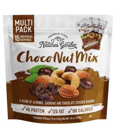 Nature's Garden Choco Nut Mix, Chocolate Covered Raisins, Nut Mix, Almonds, Cashews, Cholesterol Free, Sodium Free, No Artificial Ingredients  1.2 Oz Bags (15 Individual Servings)