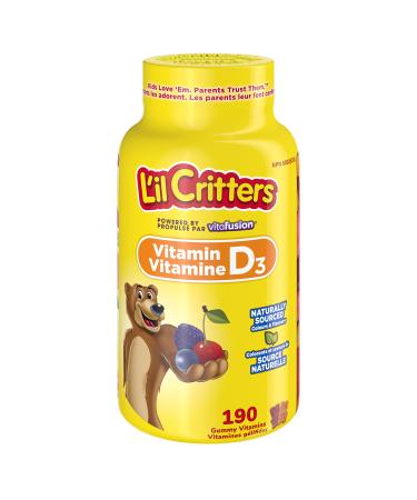 L'il Critters Kids Vitamin D3 Gummies 800 IU Vit D3 Daily Dose Supports Bone Health* Naturally Sourced Flavors 190 Count (3 Month Supply) Packaging may vary. 190 count (Pack of 1)