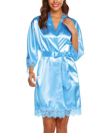 BESDEL Women's Satin Silk Bathrobe Oblique V-Neck Short Kimono Robe Bridesmaids Robe XS Sky Blue