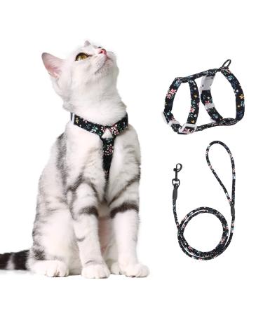 PETTOM Cat Harness with Lead Adjustable Harness Lead Set for Cat Kitten Small Pet Outdoor Walking with Quick Buckle Floral Design S: Chest 18 - 30 CM Black Floral