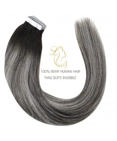 Autumn Deal: LAAVOO 16 Real Hair Tape Extensions - Black Ombre Silver Seamless Skin Weft (50g/20pcs) - Buy Online on SooperMarket.com