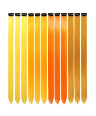 12 Pcs Colored Hair Extensions Colorful Clip in Hair Extensions 22 inch Synthetic Straight Hair Extensions for Kids Girls Women Orange