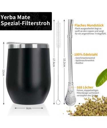 Telanks Mate Becher - 340ml Double-Walled Stainless Steel Yerba Mate Cup with Bombillas & Cleaning Brush | Black - Buy Online on SooperMarket.com