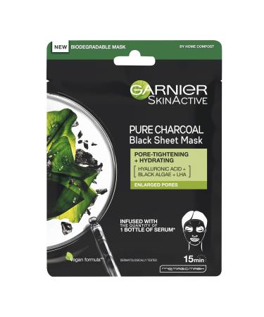 Garnier Pure Charcoal and Algae Sheet Mask Purifying and Hydrating Face Mask With Hyaluronic Acid LHA & Black Algae Tightens Enlarged Pores & Purifies Skin Biodegradable & Vegan Tissue 28g Charcoal and Algae Purifying Tissue Face Mask