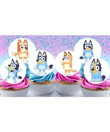 24 x Pre-Cut Bluey 5 Edible Stand up Wafer Paper Cupcake Toppers Cake Decorations Birthday Party Blue Dog
