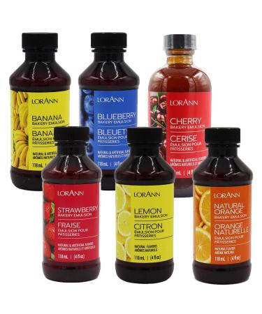 LorAnn Bakery Emulsion Baker's Fruity Variety Pack - Banana Blueberry Cherry Strawberry Lemon and Orange (4 oz. bottle of each flavor) Baker's Fruity 4 Fl Oz (Pack of 6)