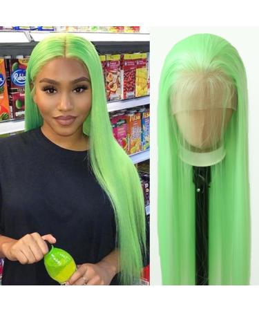 Towarm Light Green Wig Long Straight Apple Green Synthetic Lace Front Wigs Pre Plucked Natural Hairline with Baby Hair for Black Women Heat Resistant Fiber Hair Cosplay Daily Wear Wig (Light Green)