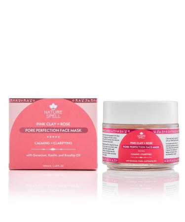 Nature Spell Pink Clay & Rose Pore Perfection Face Mask 100 ml - Clarifies and tightens the pores Transforms dull & tired skin For All Skin Types 100% Vegan Made In The UK