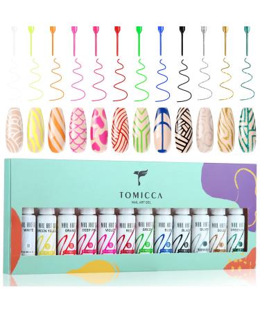 TOMICCA Gel Polish Nail Art Liner Kit 12 Pcs Colors Neon Gel Nail Polish  Gel Liner Nail Art for Nails Art Line Drawing  Glitter Colors Paint Swirl Built Thin Brush in Bottle Soak Multicolor Set Gel Liner Nail Polish