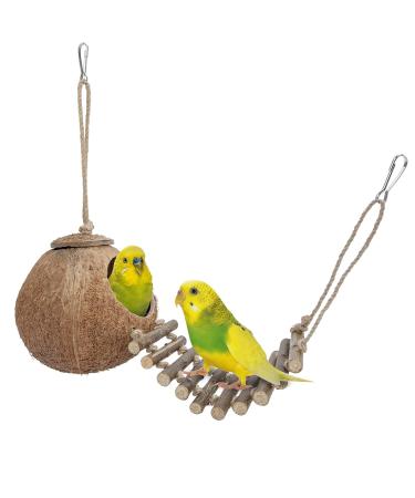 Niteangel Natural Bird Nests Coconut Hideaway with Ladder Bird and Small Animal Toy (House with Ladder Natural Surface) House with Ladder Natural Surface