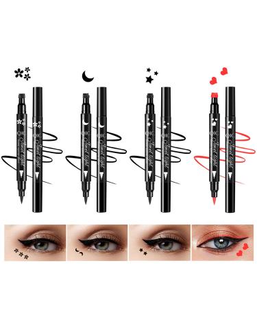 CHSEEO 4 Pcs 2 Heads Liquid Eyeliner Set Eyeliner Stamp 24 Hr Wing Cat Eye Coloful Eyeliner Waterproof Smudge Proof Longwearing Quick Drying Eyeliner Pencil - Star Moon Heart Beginners Makeup Gift