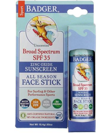 Badger All Season Face Stick Sport Sunscreen SPF 35 Unscented - 0.65 oz | Mineral Protection - Buy Online on SooperMarket.com