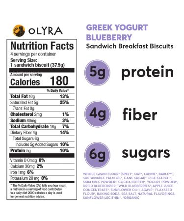 OLYRA Organic Blueberry Breakfast Sandwiches | Low-Sugar, High-Fiber Protein Snack | 1 Box of 4 Individually Wrapped Biscuits - Buy Online on SooperMarket.com