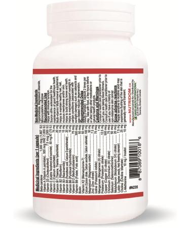 Nutridom Daily Multivitamin for Women over 50 with Beta-carotene Vitamin A D3 E C B K2 Biotin Calcium Magnesium Zinc Iodine Manganese Pottasium Copper Chromium Selenium Molybdenum Lutein Choline L-Methionine Inositol (60 Vegan capsules) - Buy Online on SooperMarket.com