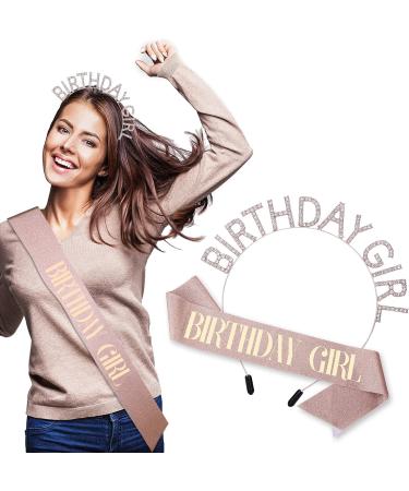 Birthday Crown for Women - Rose-Gold Rhinestone Headband, Sash, and Tiara Set - Buy Online on SooperMarket.com