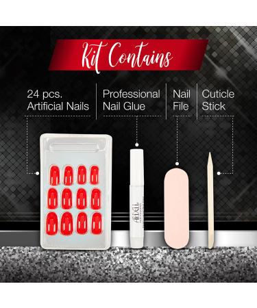 Ardell Nail Addict - Cherry Red | 24 Press-On Artificial Nails Set with Glue & File | Stunning Long Red Fingernails for Easy Application - Buy Online on SooperMarket.com