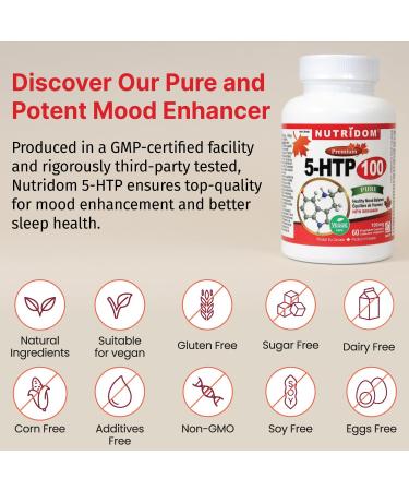 Nutridom 5-HTP 100mg 5-Hydroxy-L-tryptophan Supplement Supports Healthy Mood Balance Non-GMO Vegan Gluten-Free (60 Veggie capsules) - Buy Online on SooperMarket.com