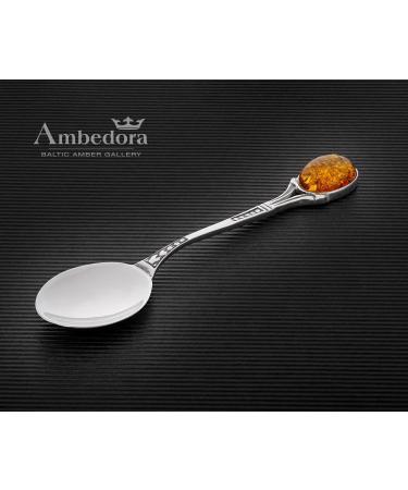 AMBEDORA Small Spoon | Sterling Silver Oxidised Spoon with Amber | Ideal Christening or Birthday Gift for Boys and Girls - Buy Online on SooperMarket.com