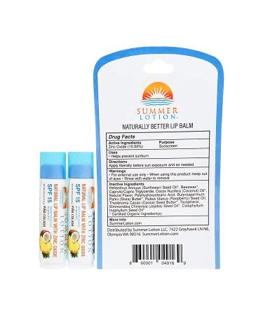 Summer Lotion SPF 15 Lip Sunscreen 2-Pack - Pina Colada Flavor - Water Resistant Chapstick with Zinc Oxide - SPF Lip Protection - Buy Online on SooperMarket.com