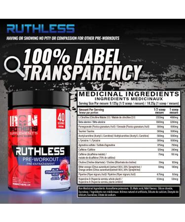 Iron Brothers Supplements Ruthless Pre workout Powder for Women & Men | Creatine-Free Nitric Oxide Booster | Energy & Focus | Workout Supplement Bulk Pre-Workout | 40 Servings (Pomegranate Acai) - Buy Online on SooperMarket.com
