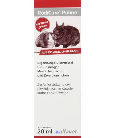 Alfavet Rodicare Pulmo to support the airways of guinea pigs and small rodents supplementary feed 20ml dosing syringe