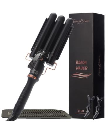 3 Barrel Curling Iron Wand - Triple Hair Waver & Crimper for Beach Waves Set, Ceramic Tourmaline with Adjustable Temperature - Beach Waver, Black