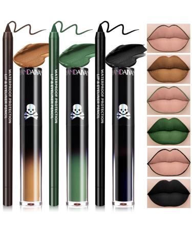 3 Colors Dark Black Green Brown Lipstick and Lip Liner Set Goth Liquid Lipstick Lip Gloss Lipliner Waterproof Longlasting Matte Lip Stain Lip Gloss for Halloween Makeup Party Cosplay Black+Green+Brown