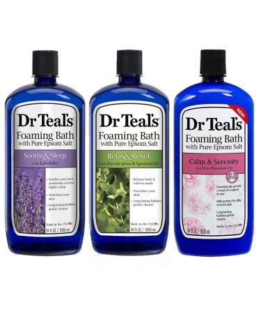 Dr Teal's Foaming Bath Variety Gift Set (3 Pack 34oz ea) - Soothe & Sleep Lavender Relax & Relief Eucalyptus and Calm & Serenity Rose - Epsom Salt & Essential Oils for Stress Relief Muscle Aches
