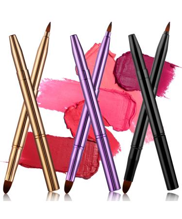 WLLHYF 3PCS Dual End Lip Brush Concealer Brushes Retractable Lipstick Eyeshadow Foundation Makeup Brush Travel Size Lipstick Brush With Cap(Gold/Purple/Black)