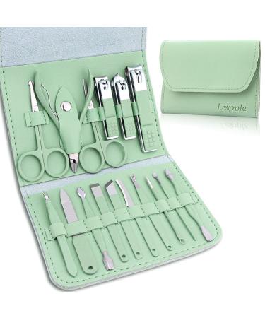 Leipple Manicure Set Professional Pedicure Kit Nail Care Tools - 16 in 1 Stainless Steel Nail Clippers Tools - Grooming Kit with Luxurious Leather Travel Case (Green)