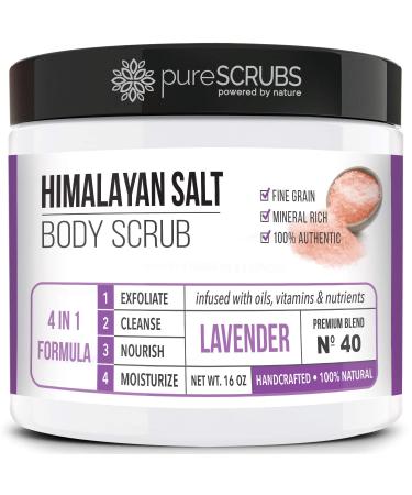 pureSCRUBS Premium Pink Himalayan Salt Body Scrub Set - Large 16oz LAVENDER SCRUB  Organic Essential Oils & Nutrients INCLUDES Wooden Stirring Spoon  Loofah & Mini Exfoliating Bar Soap