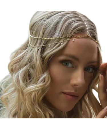 Ypkia Head Chain Gold Crystal Headband Pendant Bridal Headpiece Tassels Layered Hairpiece Festival Hair Accessories for Women and Girls (Gold)